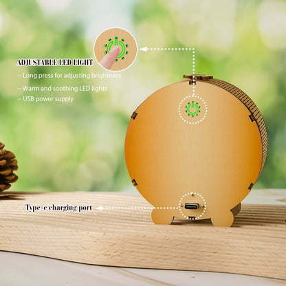 Adjustable LED light feature on Mystical Cat Kit 3D wooden puzzle night light showing USB power and Type-C charging port.