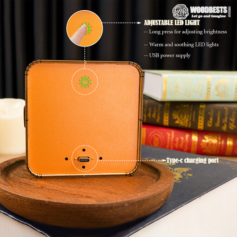 Adjustable LED light on a wooden puzzle night light with Type-C charging port, warm glow, and USB power supply.