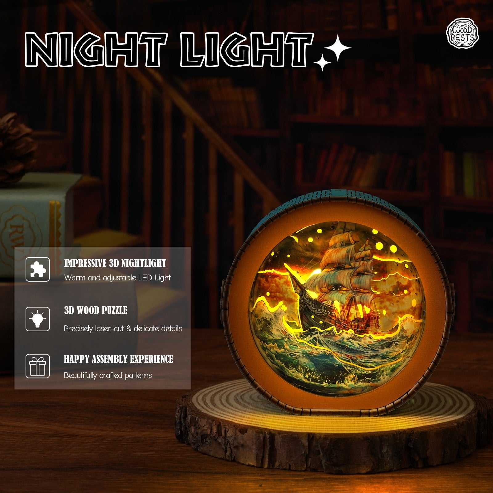 Intrepid Explorer 3D wooden puzzle night light showcasing warm LED light and detailed ship design.