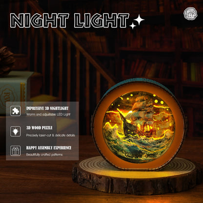 Intrepid Explorer 3D wooden puzzle night light showcasing warm LED light and detailed ship design.