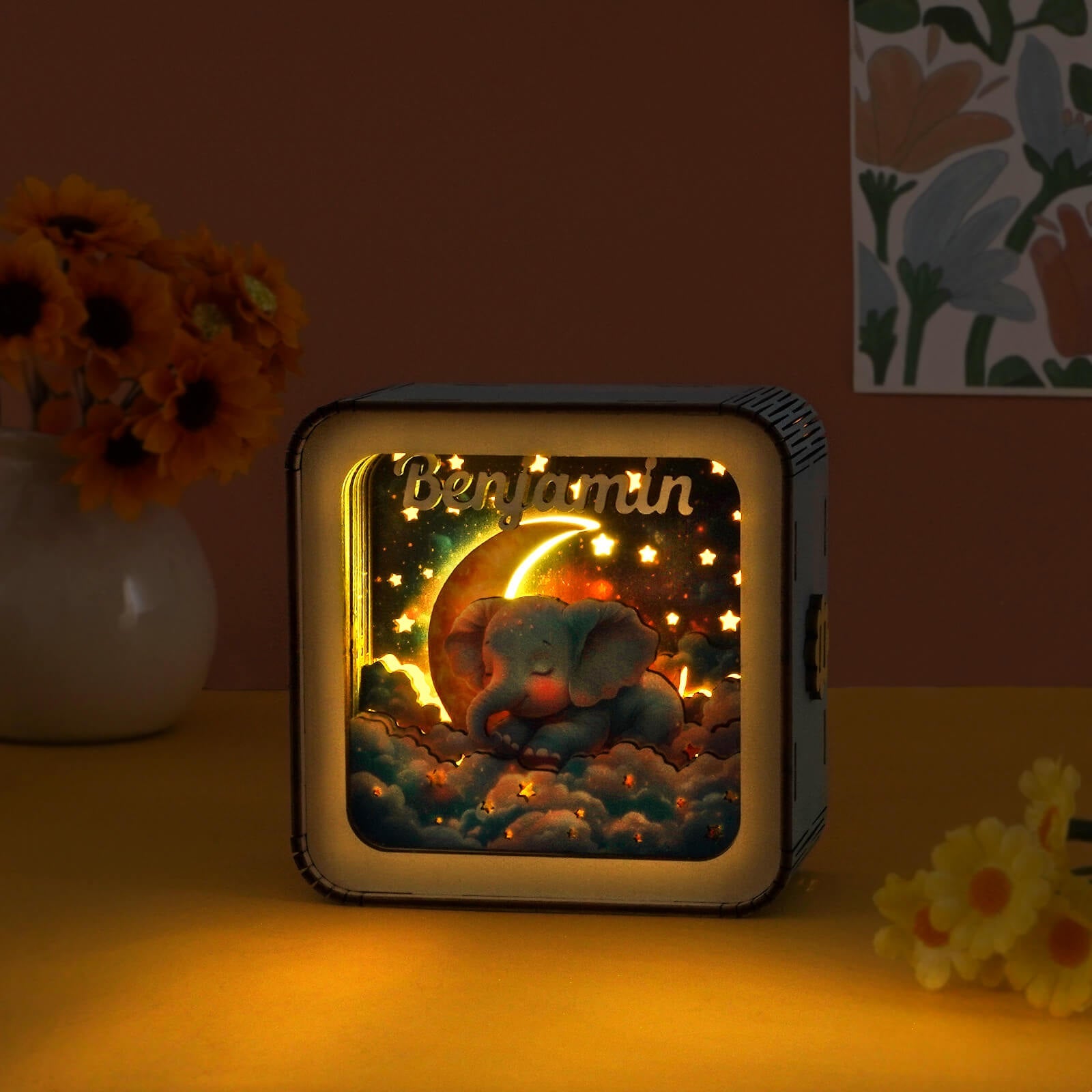Dream Elephant 2 Kit personalized 3D wooden puzzle night light glowing with stars and moon, perfect for home decoration.