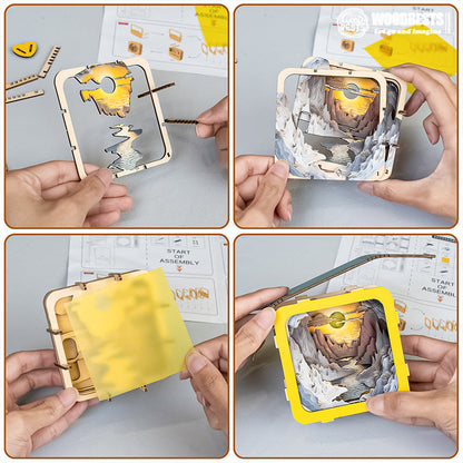Person assembling a Long River Sunset 3D wooden puzzle night light with detailed layered scenery.