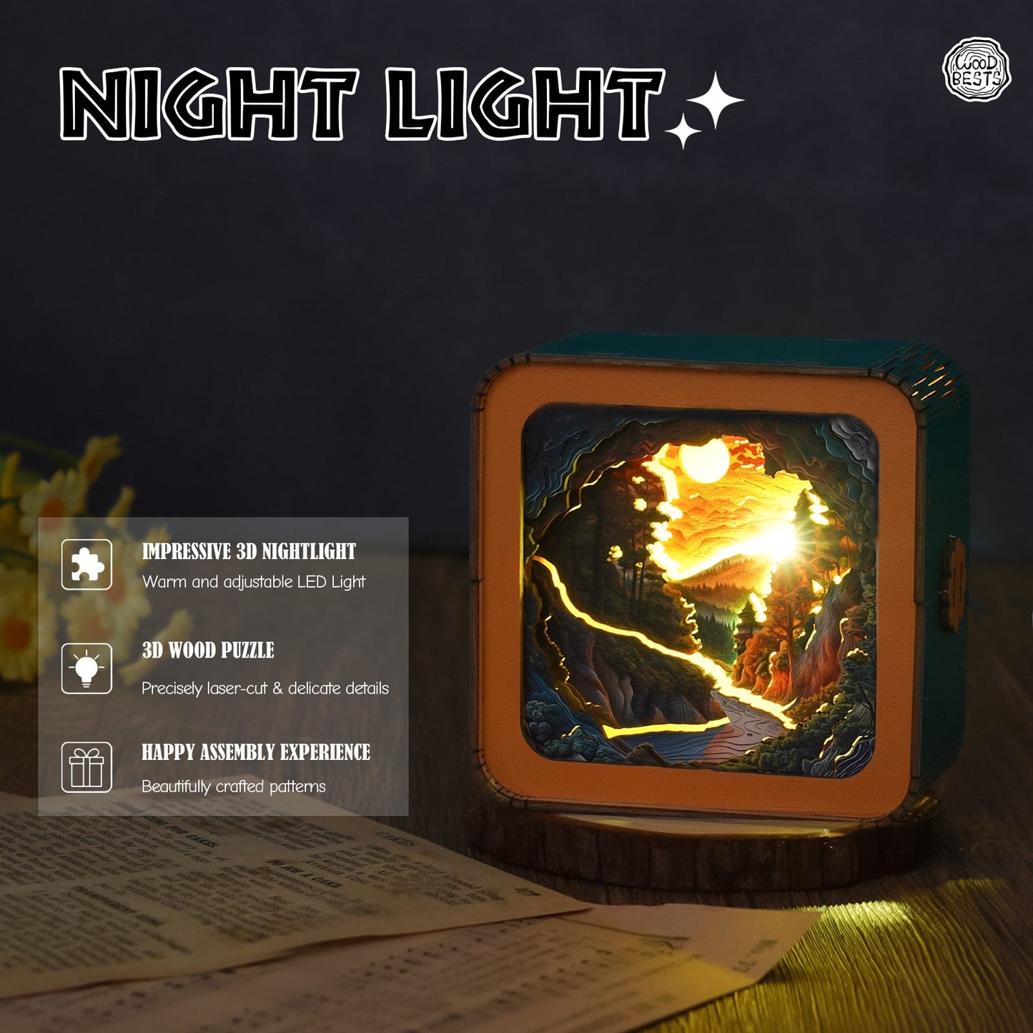 Sunset Wilderness Path Kit 3D wooden puzzle night light showcasing warm LED glow and intricate design.