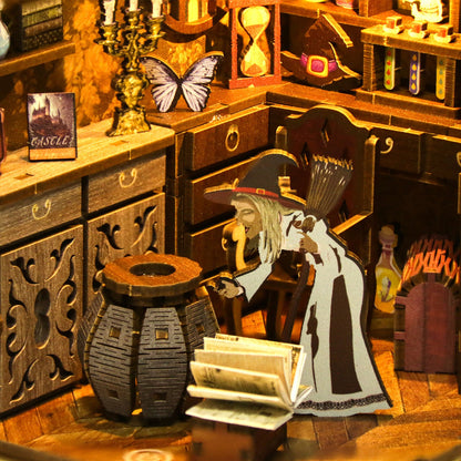 3D wooden puzzle of a witch in a vintage shop, surrounded by magical decor like hourglasses and books.