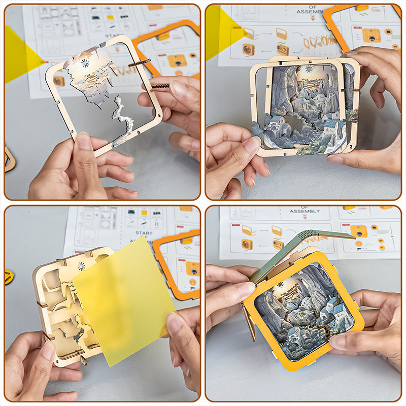 Hands assembling the Valley Village Kit 3D wooden puzzle night light; showcasing individual parts and assembly process.