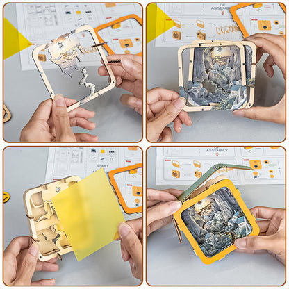 Hands assembling the Valley Village Kit 3D wooden puzzle night light; showcasing individual parts and assembly process.