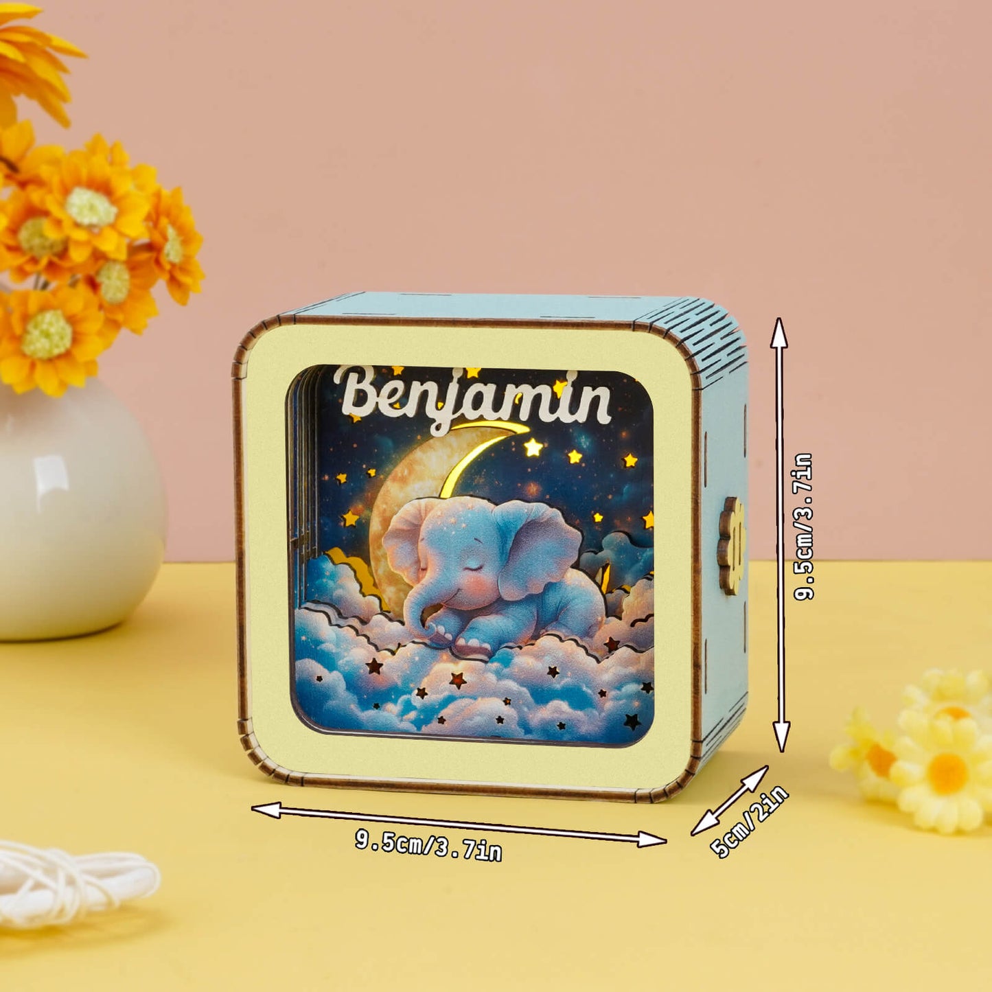 Dream Elephant 2 Kit: personalized 3D wooden puzzle night light showcasing a cute elephant under the moon.
