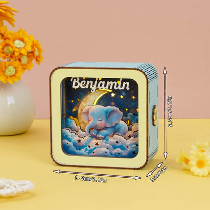 Dream Elephant 2 Kit: personalized 3D wooden puzzle night light showcasing a cute elephant under the moon.