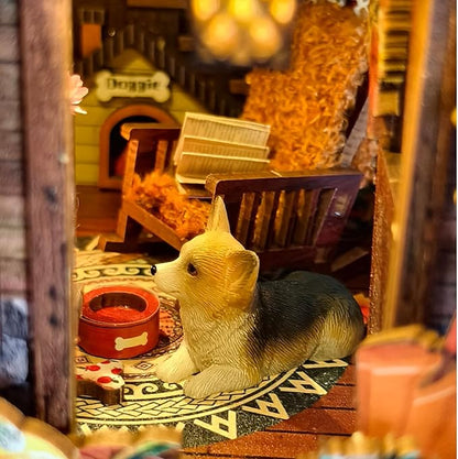 Cute corgi in a cozy DIY book nook with a rocking chair and pet accessories, creating a warm autumn atmosphere.