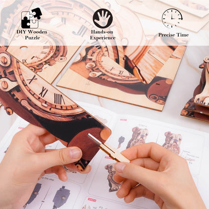 Hands assembling a DIY wooden clock puzzle, showcasing intricate design and precision craftsmanship.
