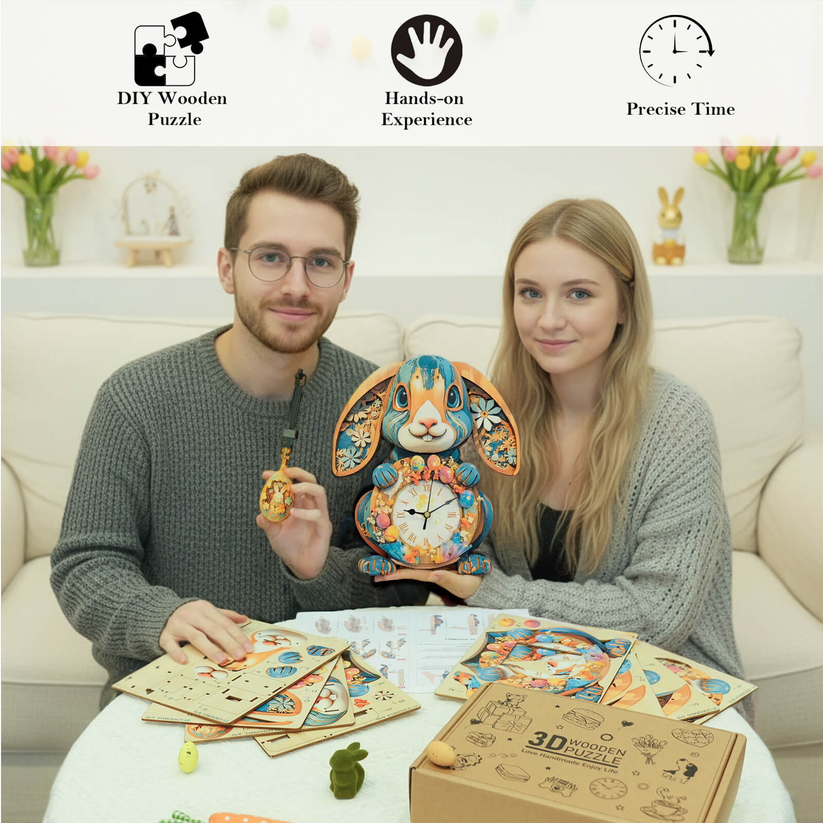 Rabbit– DIY Wooden Clock, 3D Puzzle Craft Kit – KadaJoy