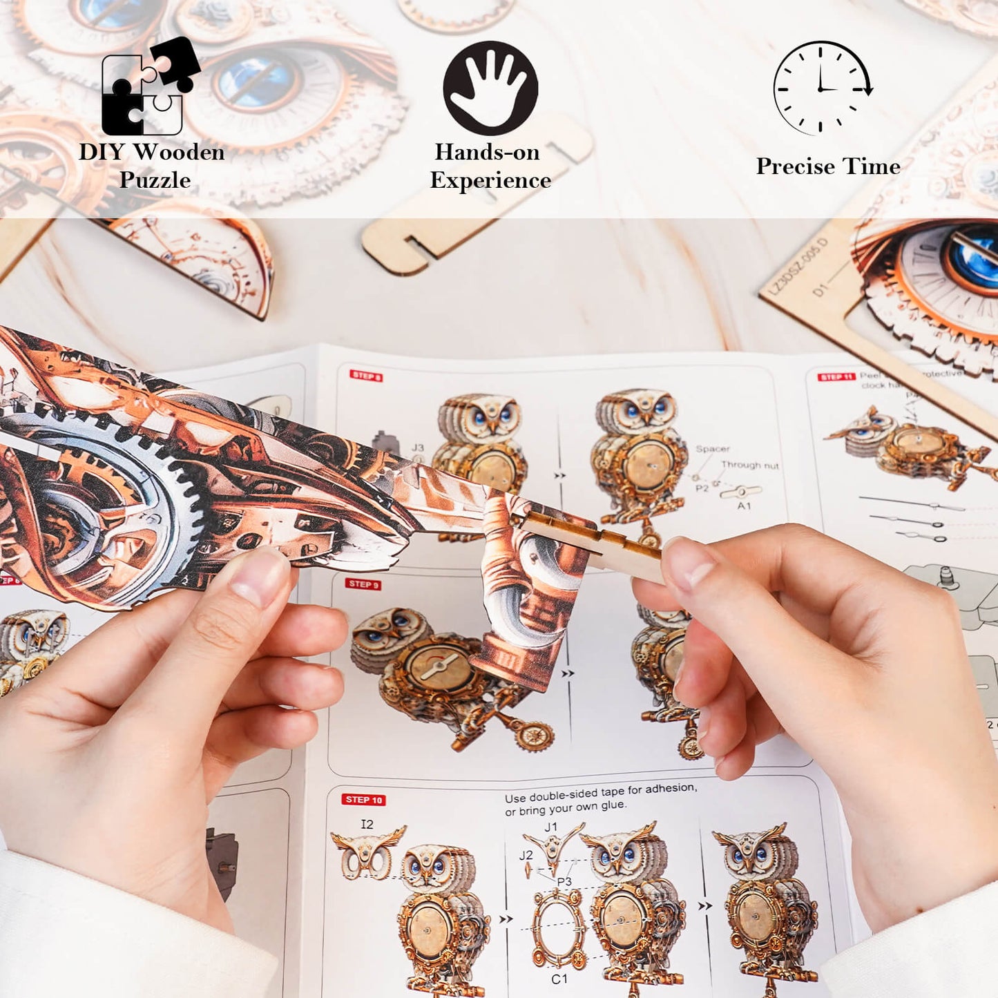 Person assembling the Mechanical Owl DIY Wooden Clock 3D Puzzle Kit with detailed instructions and pieces.
