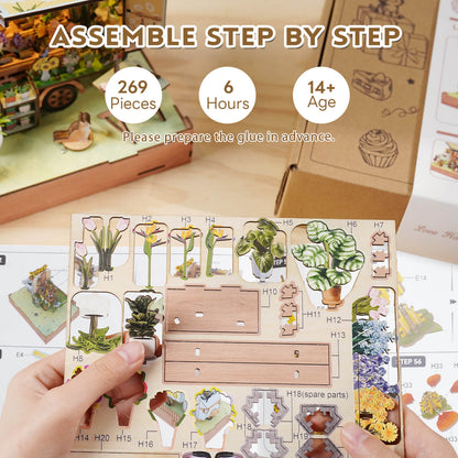 Step-by-step assembly of the 269-piece Flower Cart 3D wooden puzzle, designed for ages 14 and up.