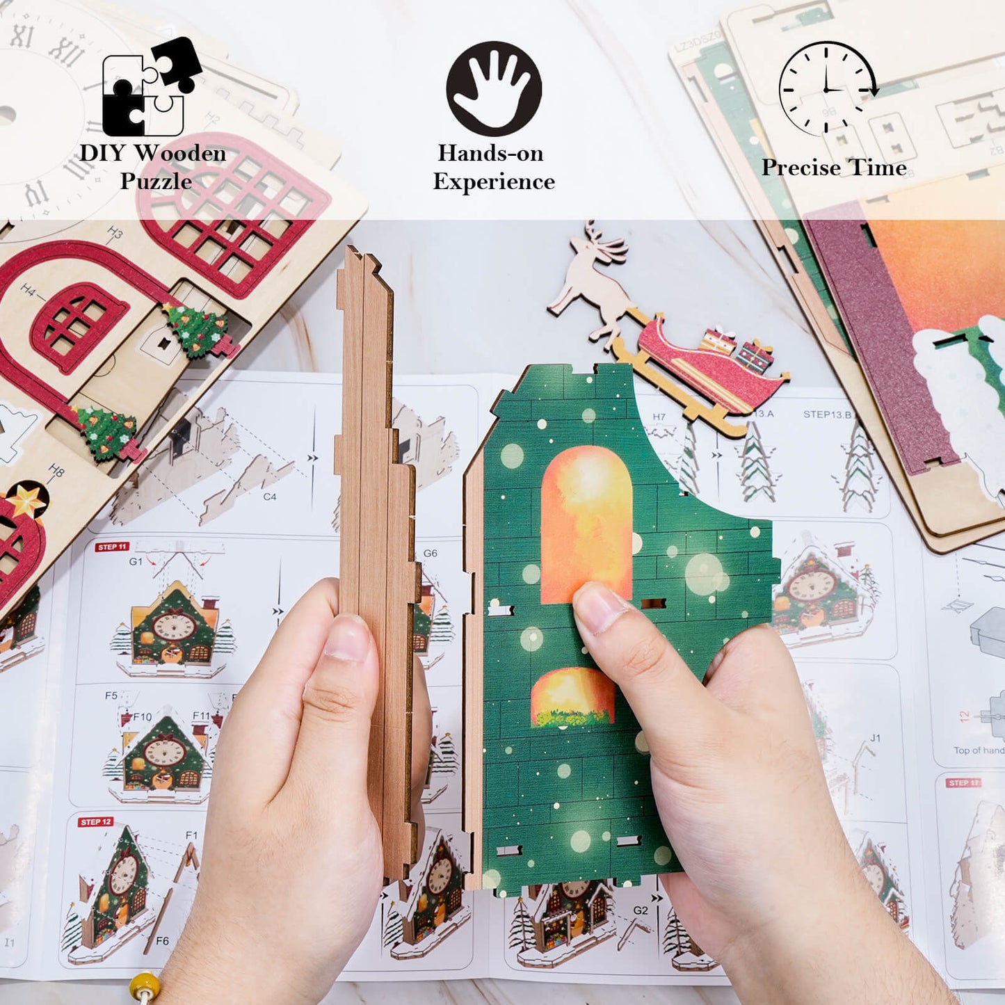 Christmas Snow House – Wooden 3D Clock DIY Puzzle Kit