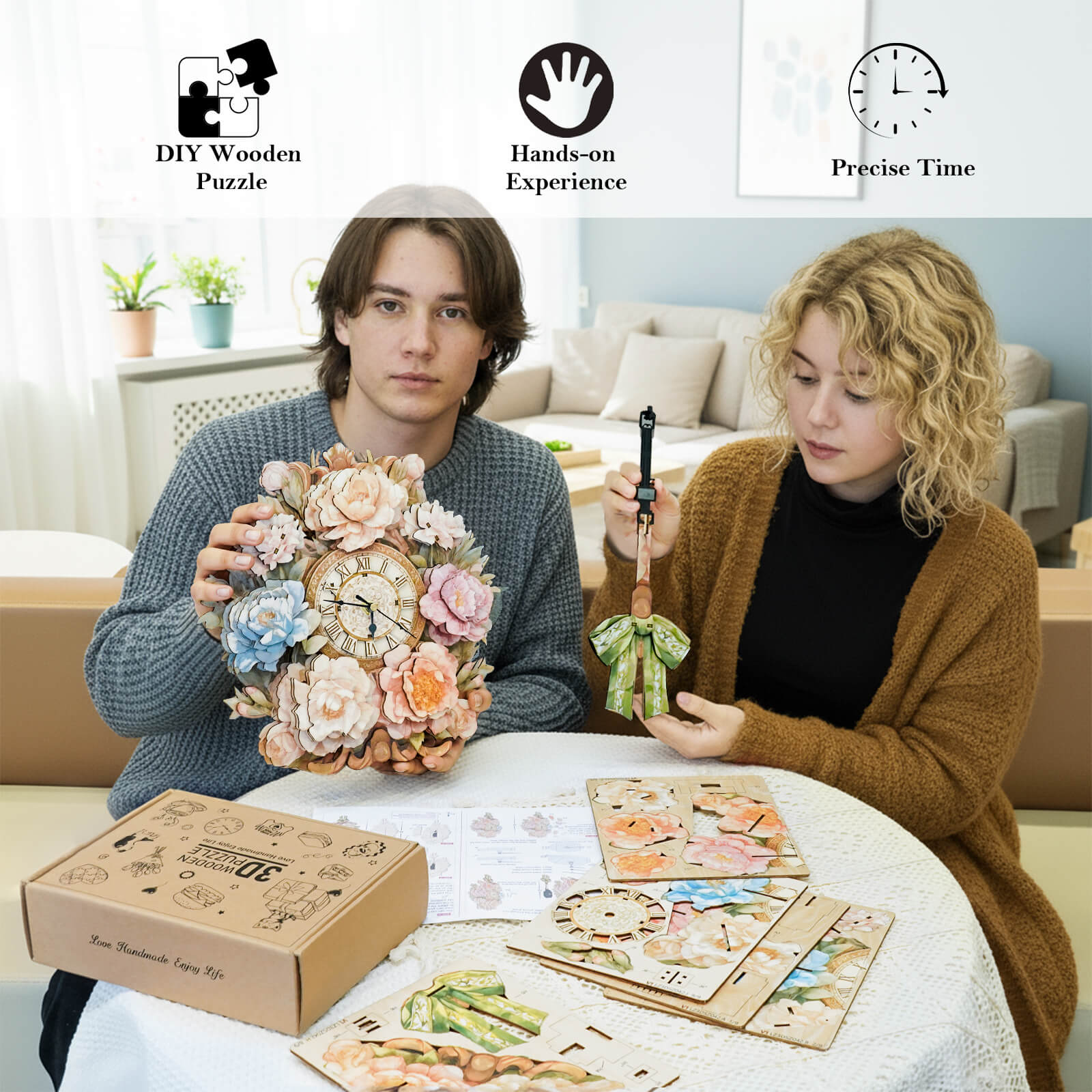 Bouquet– DIY Wooden Clock, 3D Puzzle Craft Kit – KadaJoy