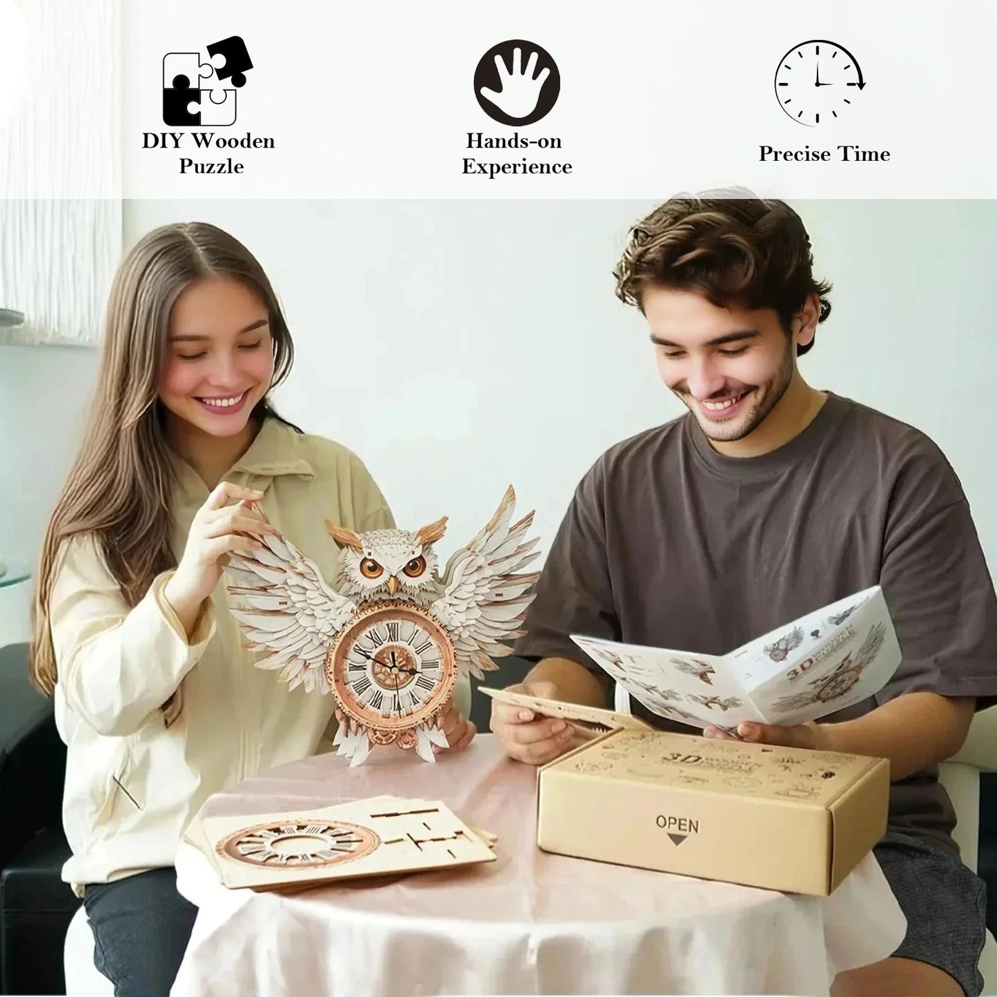 Snowy Owl – Wooden 3D Clock DIY Puzzle Kit