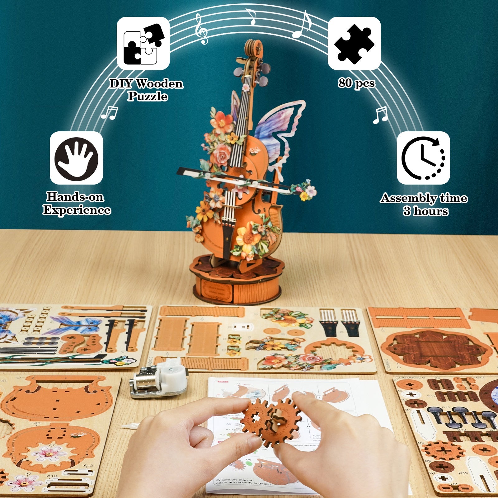 Flower Cello– DIY Wooden Music Box, 3D Puzzle Craft Kit – KadaJoy