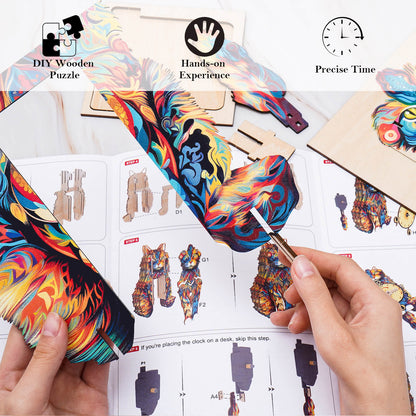 DIY wooden clock puzzle kit with colorful pieces and assembly instructions for a hands-on crafting experience.