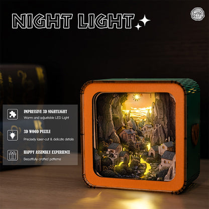 Valley Village 3D wooden puzzle night light with warm adjustable LED, showcasing intricate details and charming village scenery.