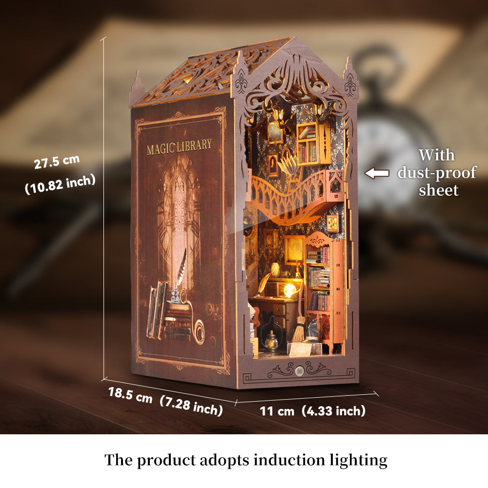 Magic House DIY Book Nook Kit 3D wooden puzzle, featuring musical details and induction lighting, displayed with dimensions.