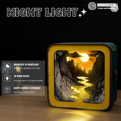 Long River Sunset Kit 3D wooden puzzle night light with warm adjustable LED illumination and detailed mountain scenery.