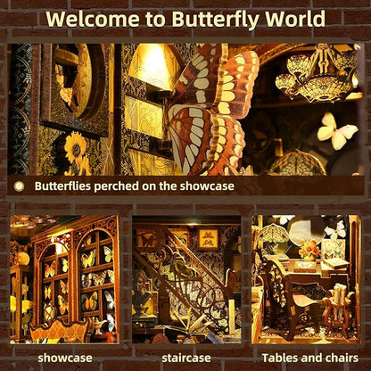 Colorful butterflies on the showcase in a whimsical Butterfly World with intricate wooden decor.