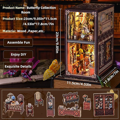 DIY Book Nook Kit featuring Butterfly Collection Room in 3D wooden puzzle design, showcasing intricate butterfly details.
