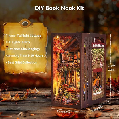 Twilight Cottage DIY Book Nook Kit with LED lights, detailed 3D wooden puzzle for creative home decor.