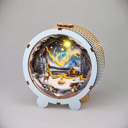 Aurora World Kit 3D wooden puzzle night light featuring a cozy campfire scene with mountains and stars.