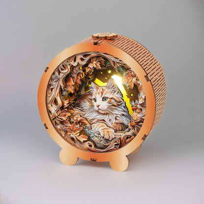 3D wooden puzzle night light featuring a mystical cat surrounded by autumn leaves, perfect for cozy decor.