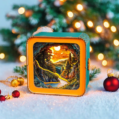 Sunset Wilderness Path wooden puzzle night light highlighting a scenic forest landscape with warm lighting and holiday decor.