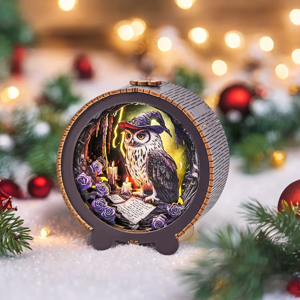 Owl wizard night light 3D wooden puzzle with roses and candles, set against a festive backdrop.