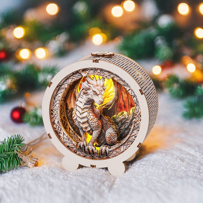 Ancient Dragon Kit 3D wooden puzzle night light featuring a detailed dragon design with warm glowing background.