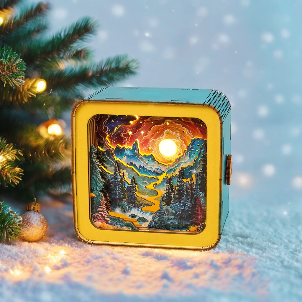 3D wooden puzzle night light featuring a vibrant forest scene with mountains and a glowing sun, set against a snowy backdrop.