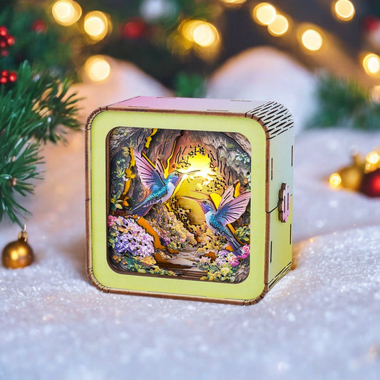 3D wooden puzzle night light featuring colorful hummingbirds and flowers, ideal for home decor and ambiance.