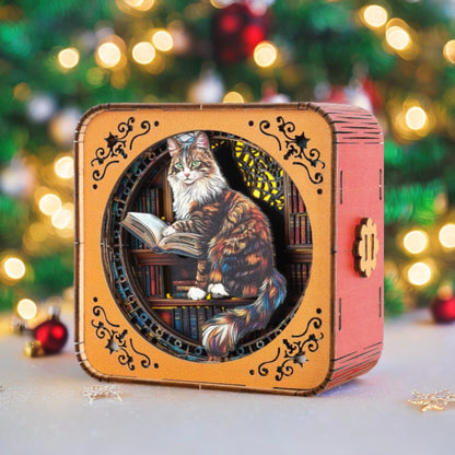Maine Coon in the Library  - 3D Wooden Night Light DIY Kit