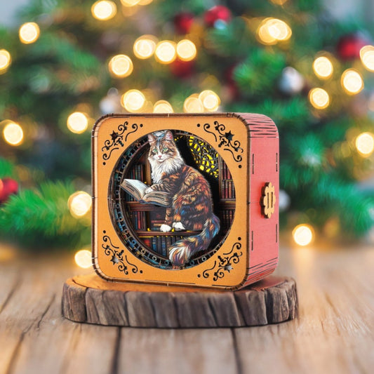 Maine Coon in the Library  - 3D Wooden Night Light DIY Kit