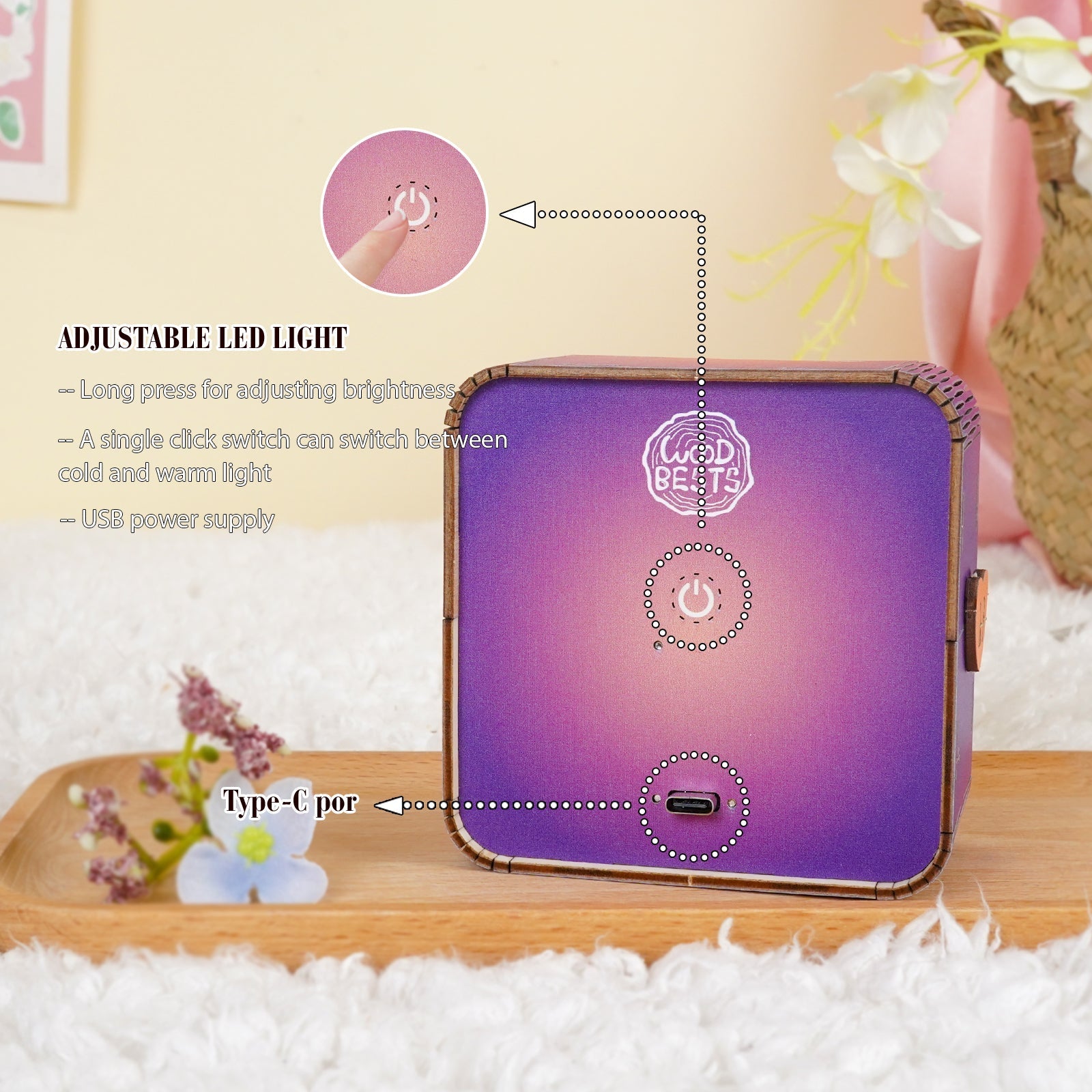 Adjustable LED light features of the Bedtime Stories Kit 3D Wooden Puzzle Night Light with USB power supply.