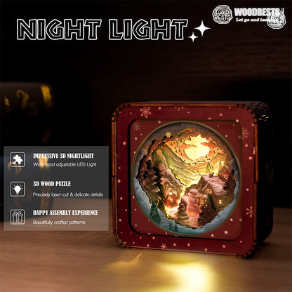 Snow Mountain Hut Kit - 3D Wooden Puzzle Night Light with warm LED light and intricate woodland design.
