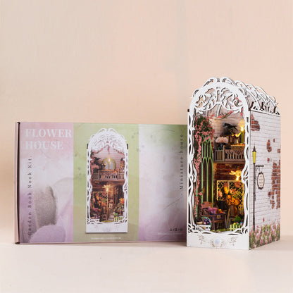 Flower House DIY Book Nook Kit, 3D wooden puzzle with detailed musical decor and cozy lighting.