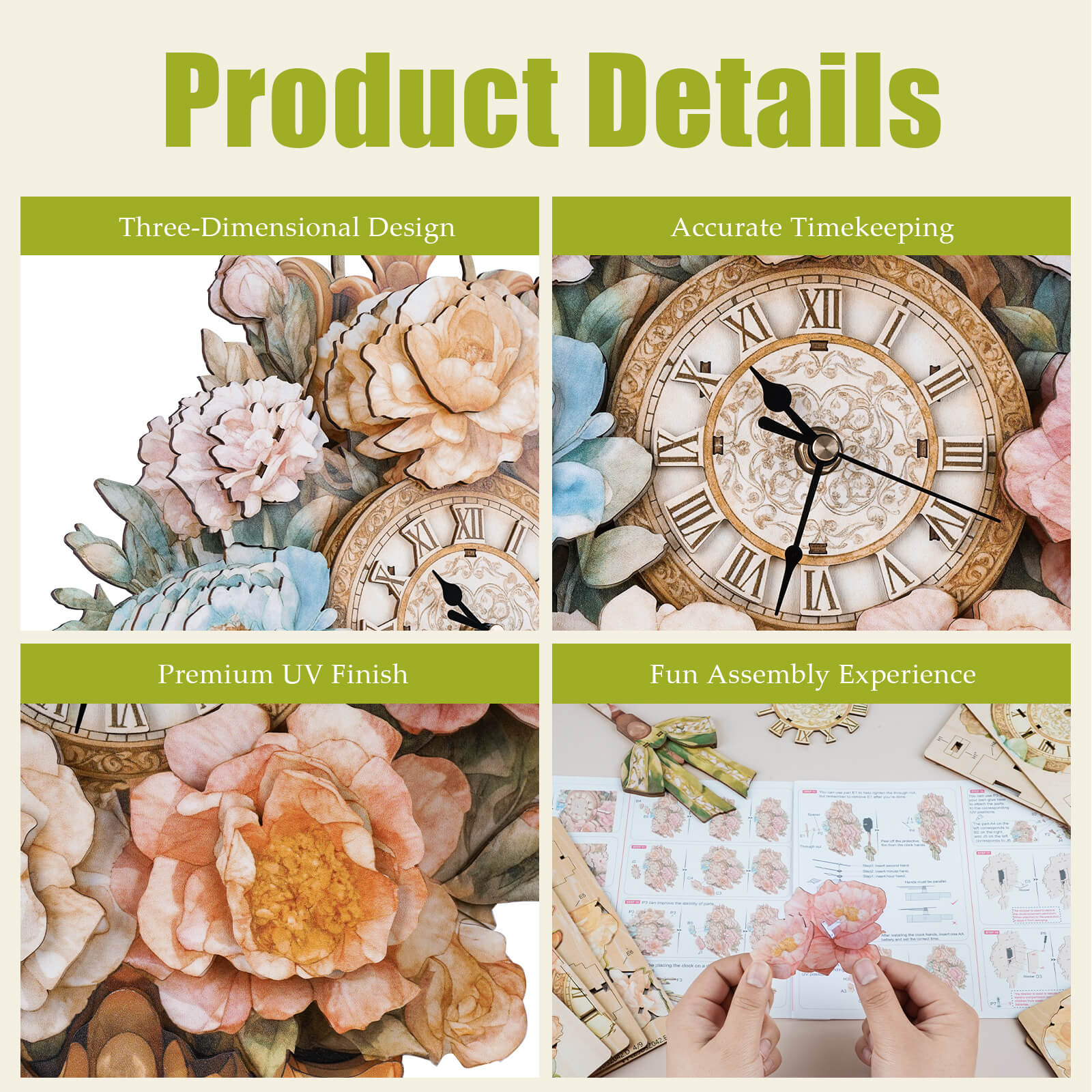 Bouquet– DIY Wooden Clock, 3D Puzzle Craft Kit – KadaJoy