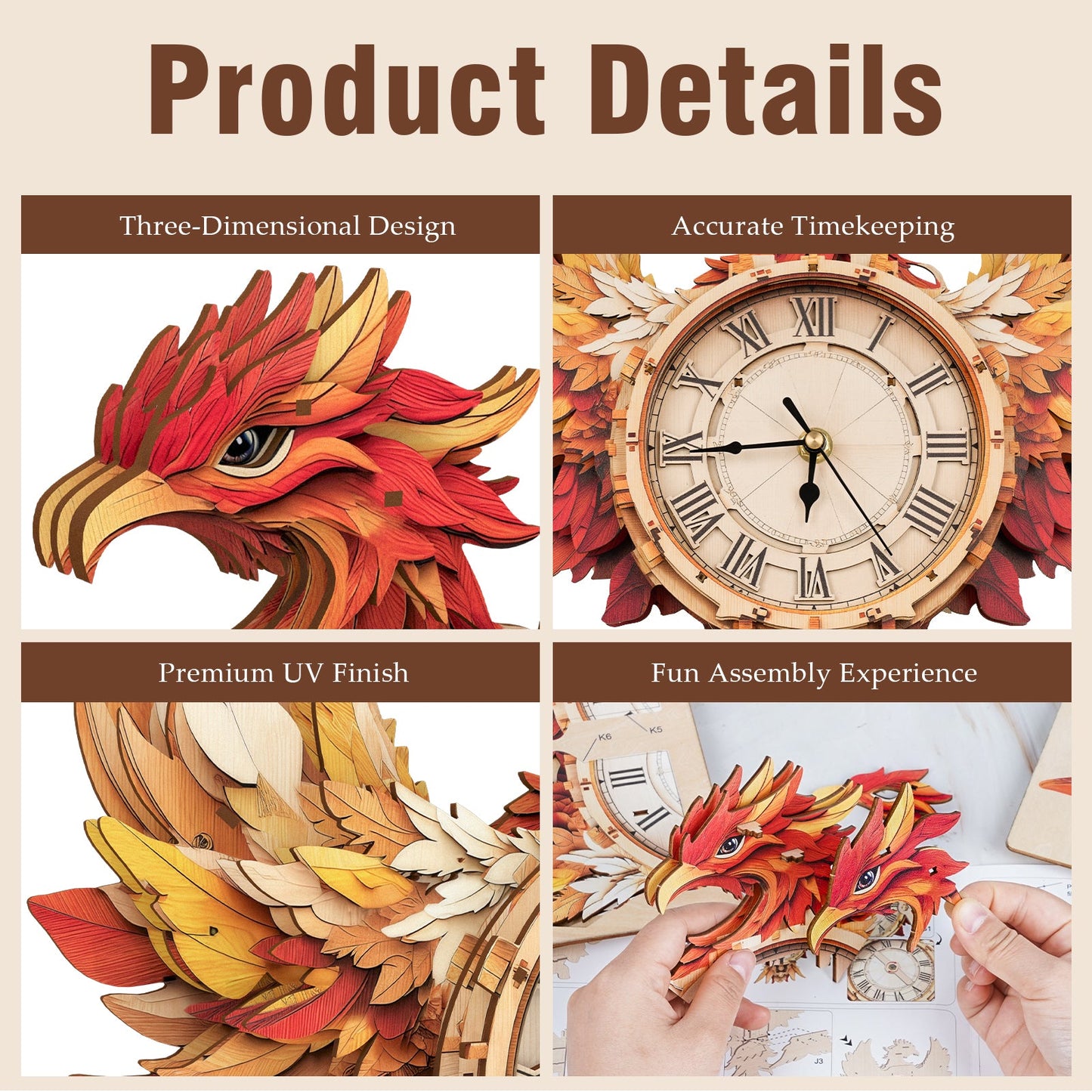 Phoenix – Wooden 3D Clock DIY Puzzle Kit