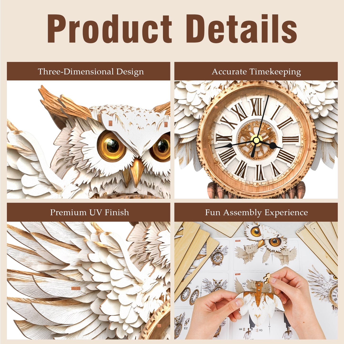 Snowy Owl – Wooden 3D Clock DIY Puzzle Kit