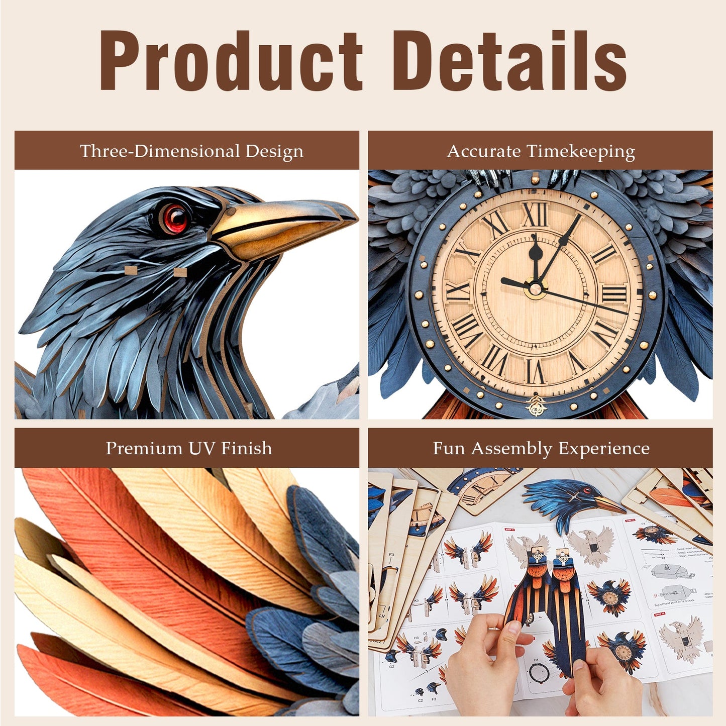 Raven – Wooden 3D Clock DIY Puzzle Kit