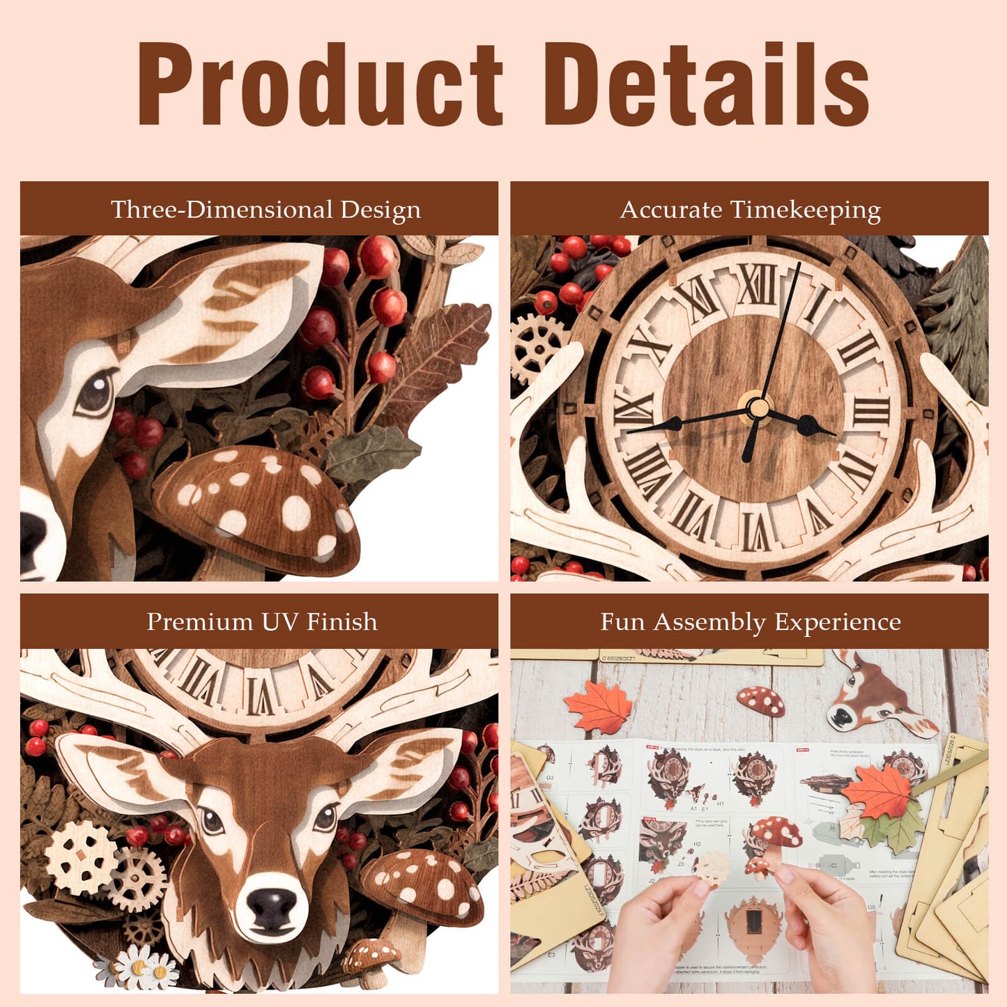 Reindeer –  Wooden 3D Clock DIY Puzzle Kit