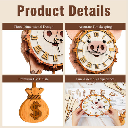 Pig – Wooden 3D Clock DIY Puzzle Kit