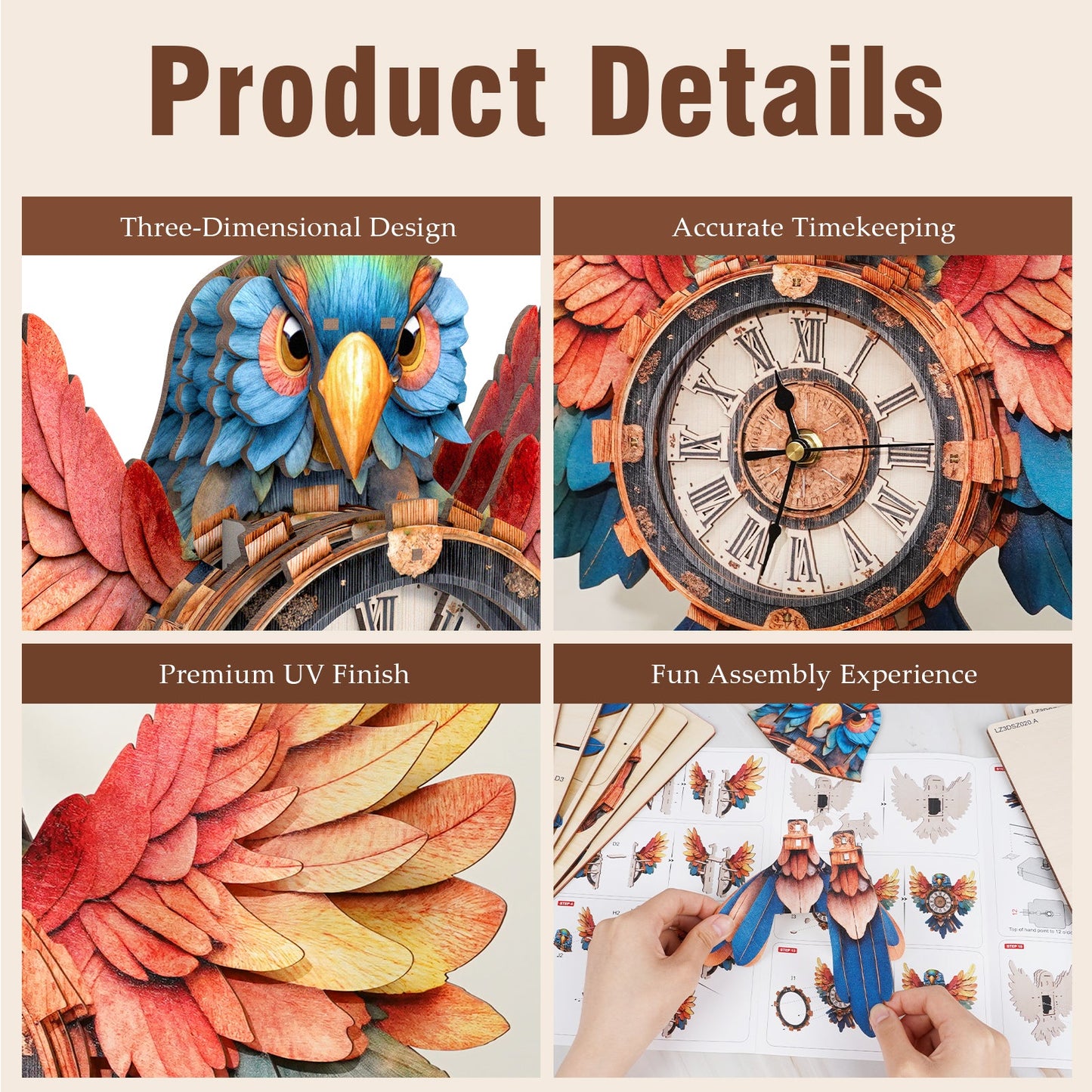 Parrot – Wooden 3D Clock DIY Puzzle Kit