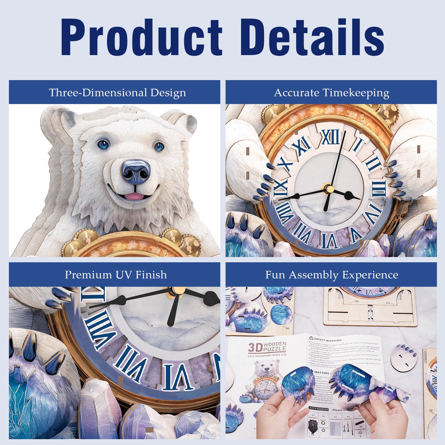 Polar bears – Wooden 3D Clock DIY Puzzle Kit