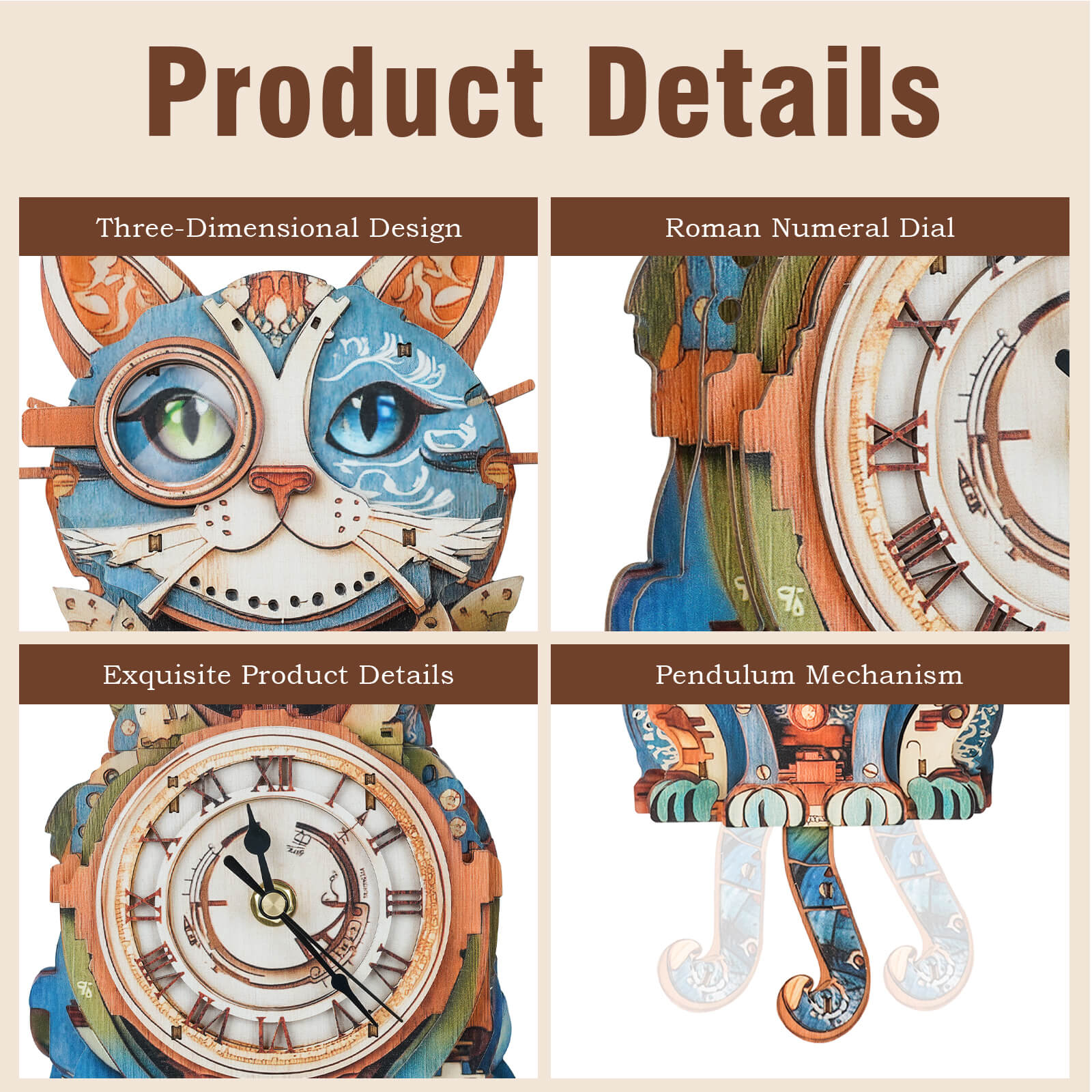 Detailed view of Cat Detective 3D wooden clock with Roman numeral dial and pendulum mechanism.