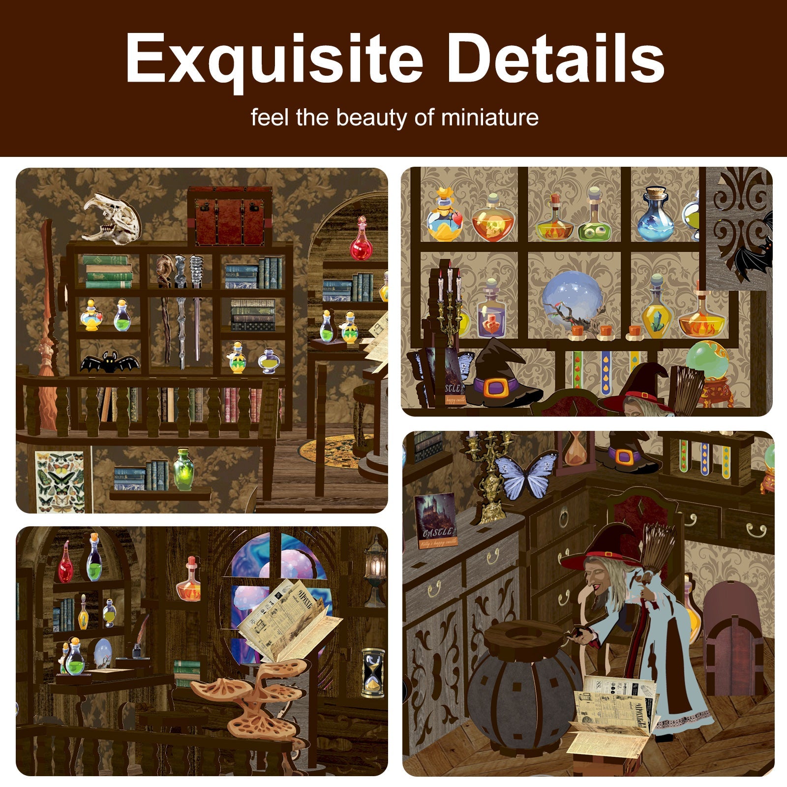 Detailed view of miniature shelves with potions, books, and an enchanted workspace in a cozy setting.